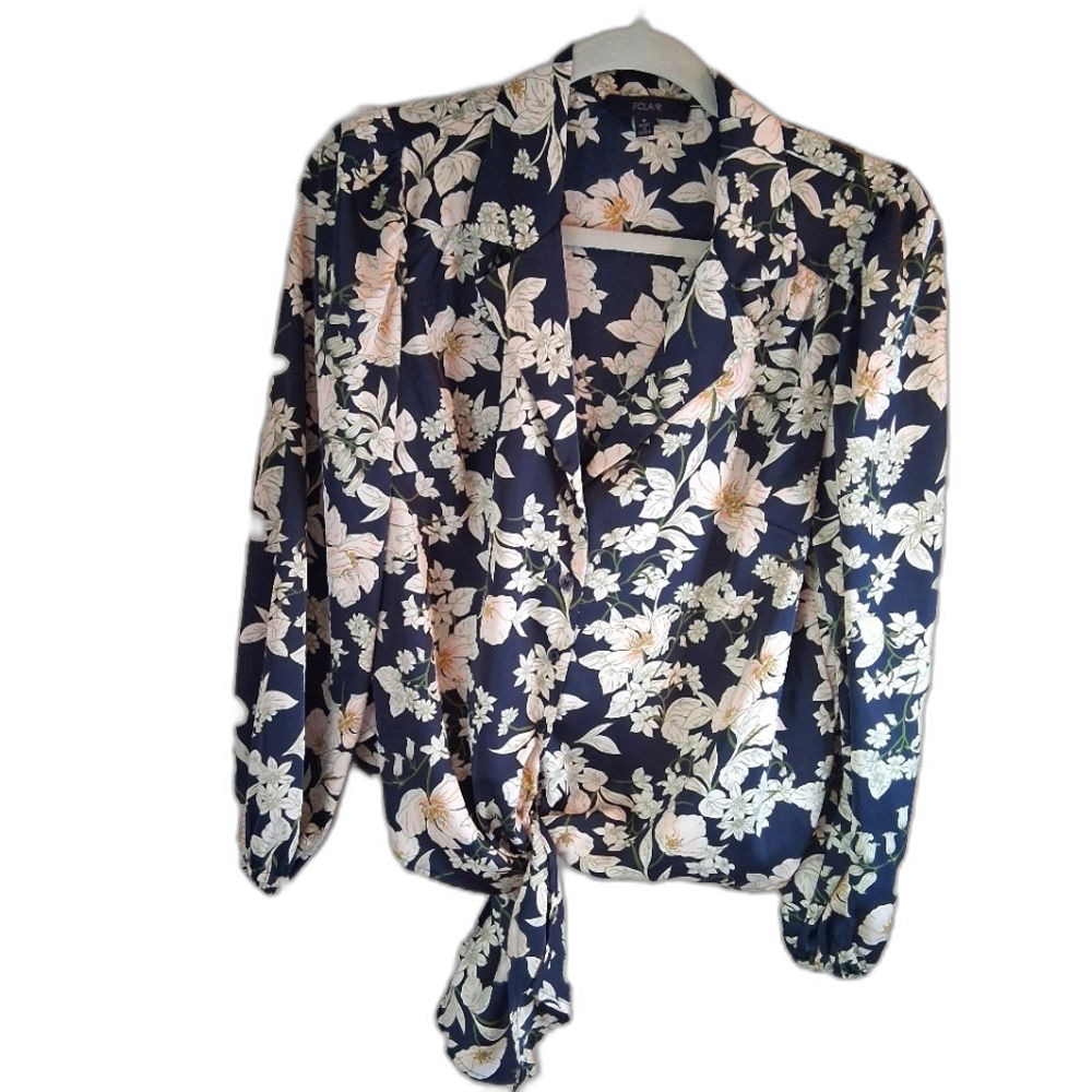 Eclair Navy and White Floral Long Sleeve Tie Front Blouse